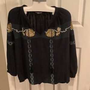 Lucky Brand Navy Blue Blouse with Gold and Light Blue Embroidery
